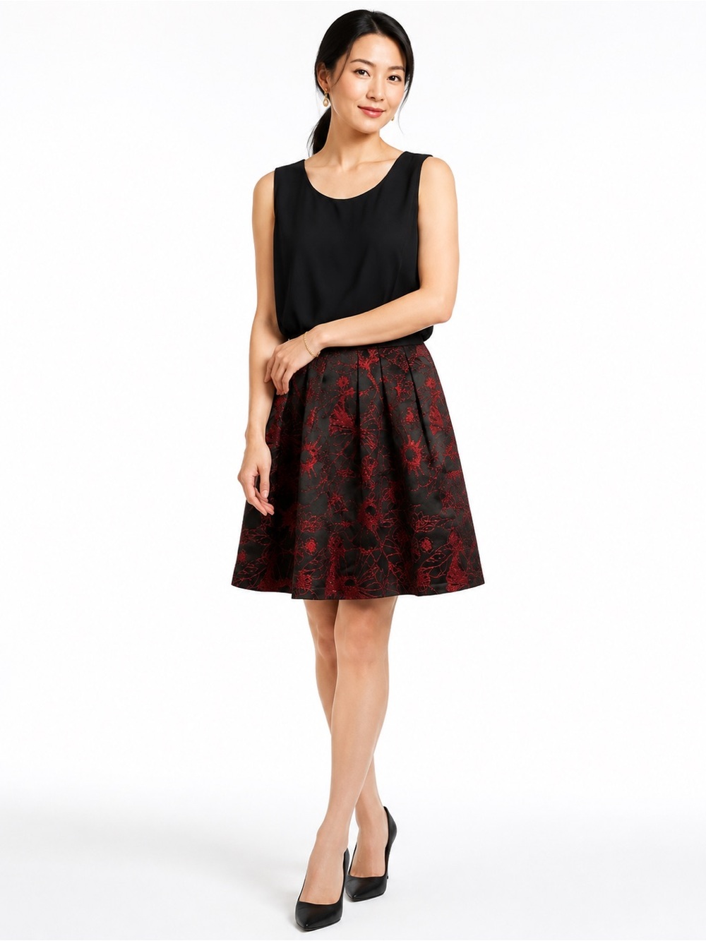 Alison Andrews Black & Red Metallic Floral Brocade Fit & Flare Dress Size Large